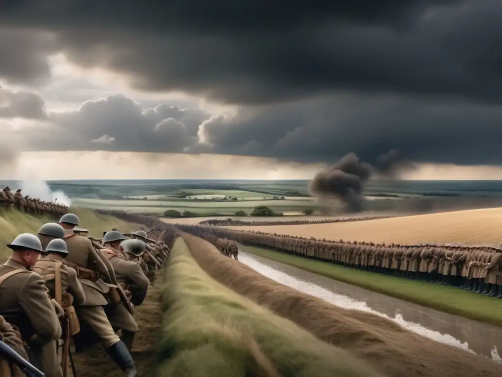 Desde las trincheras, soldados luchan en la Batalla del Somme bajo un cielo amenazante