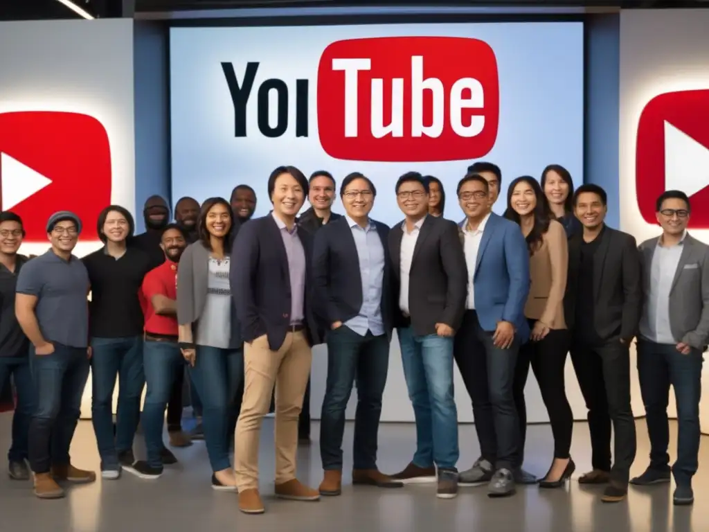 El trío fundador de YouTube, Chad Hurley, Steve Chen y Jawed Karim, posa orgulloso frente a su sede, rodeado de empleados