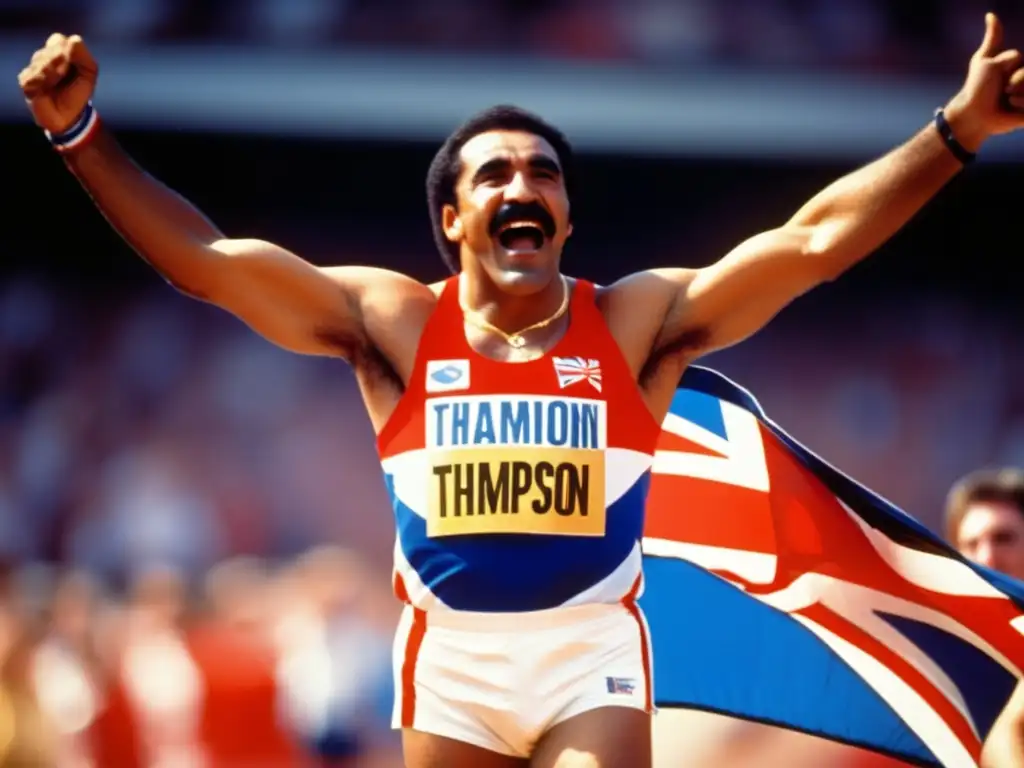 Daley Thompson atleta triunfante en podio, rodeado de fans y bandera británica