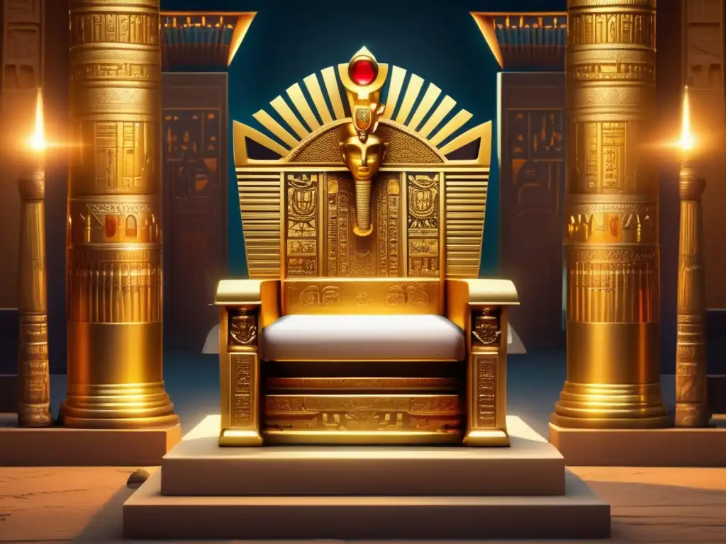 Un trono dorado, joyas, jeroglíficos y una figura regia junto a columnas iluminadas por antorchas en un palacio egipcio antiguo