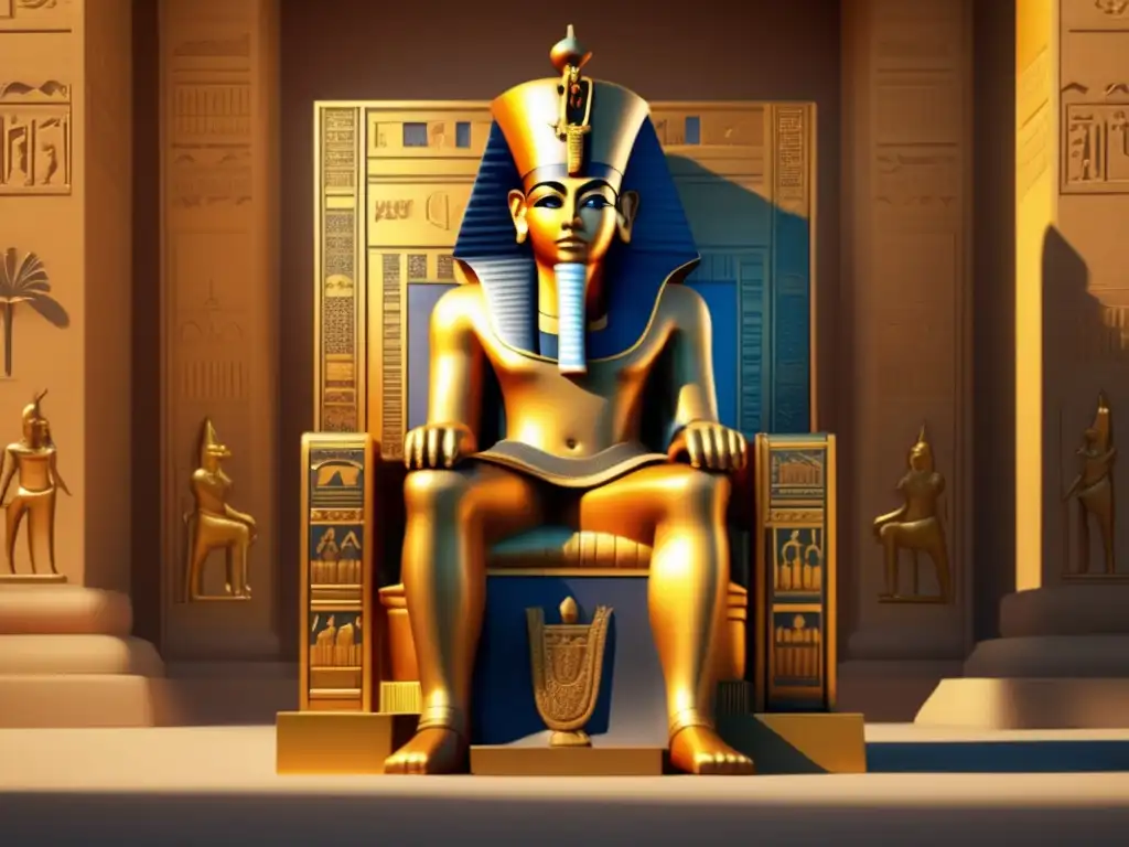 Amenhotep III, faraón de Egipto, se sienta en un trono dorado, rodeado de jeroglíficos y dioses egipcios, con una actitud segura y autoritaria