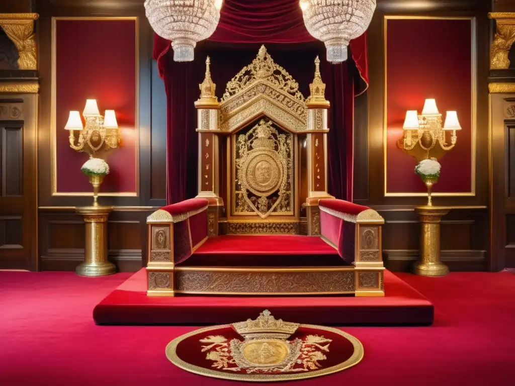 Trono majestuoso de la realeza británica: símbolo de poder divino Un trono majestuoso de caoba pulida, con intrincados grabados reales