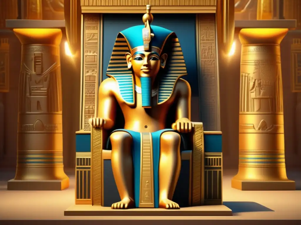 Amenhotep III, faraón de Egipto, asciende al trono en una recreación digital majestuosa, rodeado de opulencia y grandiosidad