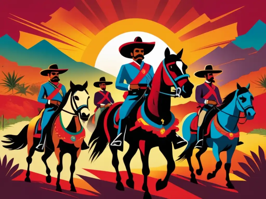 Emiliano Zapata lidera una tropa revolucionaria a caballo en un paisaje épico