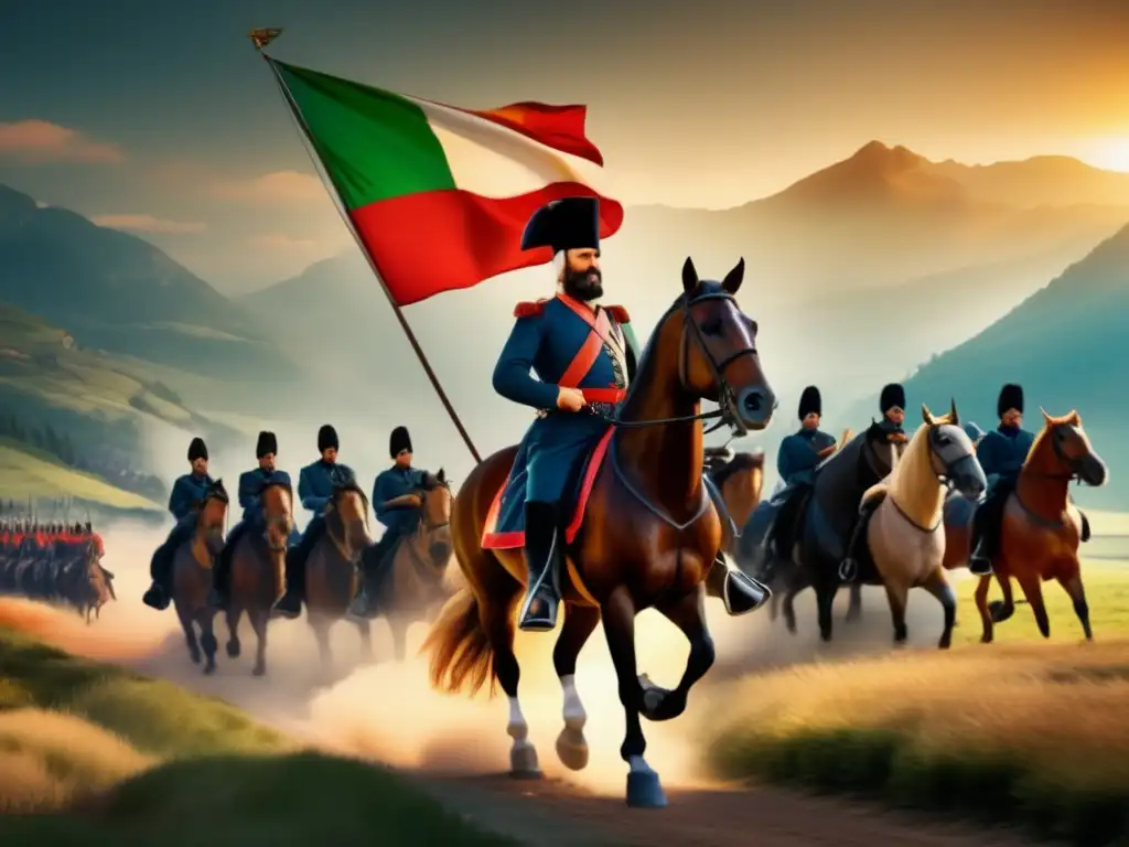 Giuseppe Garibaldi liderando sus tropas con determinación, la bandera italiana ondeando triunfante