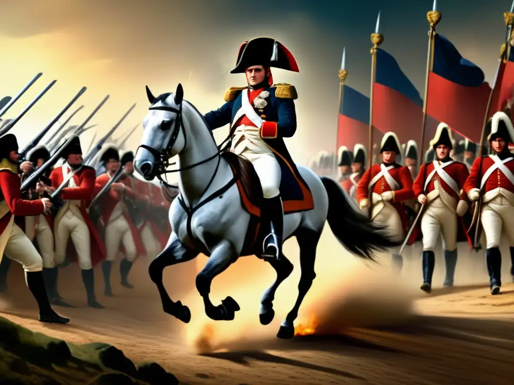 Napoleón lidera sus tropas en una batalla épica, transmitiendo la intensidad y la estrategia de sus campañas militares