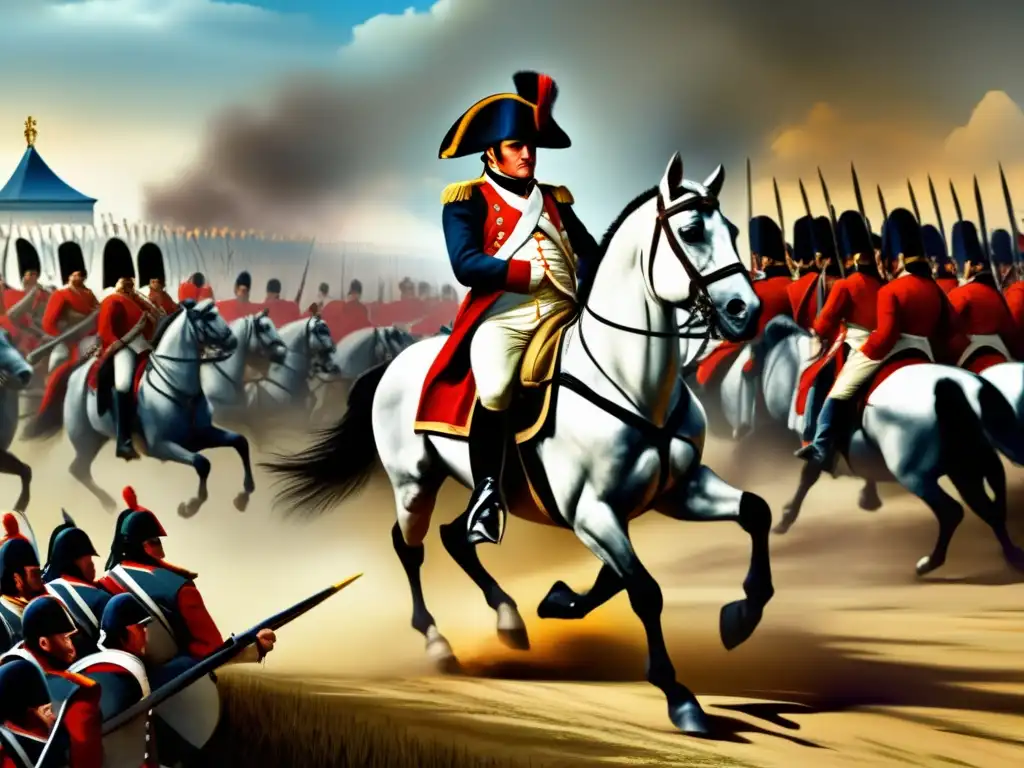 Napoleón lidera a sus tropas en la batalla, mostrando su estrategia y conquista en esta pintura digital dramática y moderna