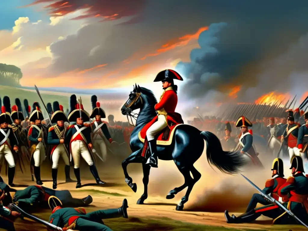 Napoleón lidera sus tropas con estrategia y conquista, en una pintura digital detallada que captura la intensidad de las guerras napoleónicas