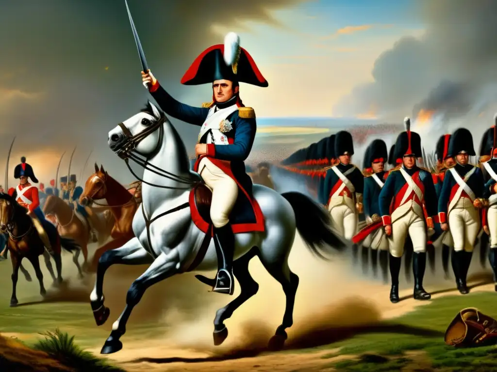 Napoleón lidera a sus tropas en una estratégica maniobra militar, mostrando audacia y tácticas en las conquistas durante las guerras napoleónicas