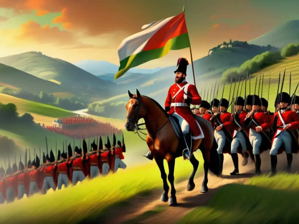 Giuseppe Garibaldi lidera tropas en el paisaje italiano, con la bandera ondeando triunfante