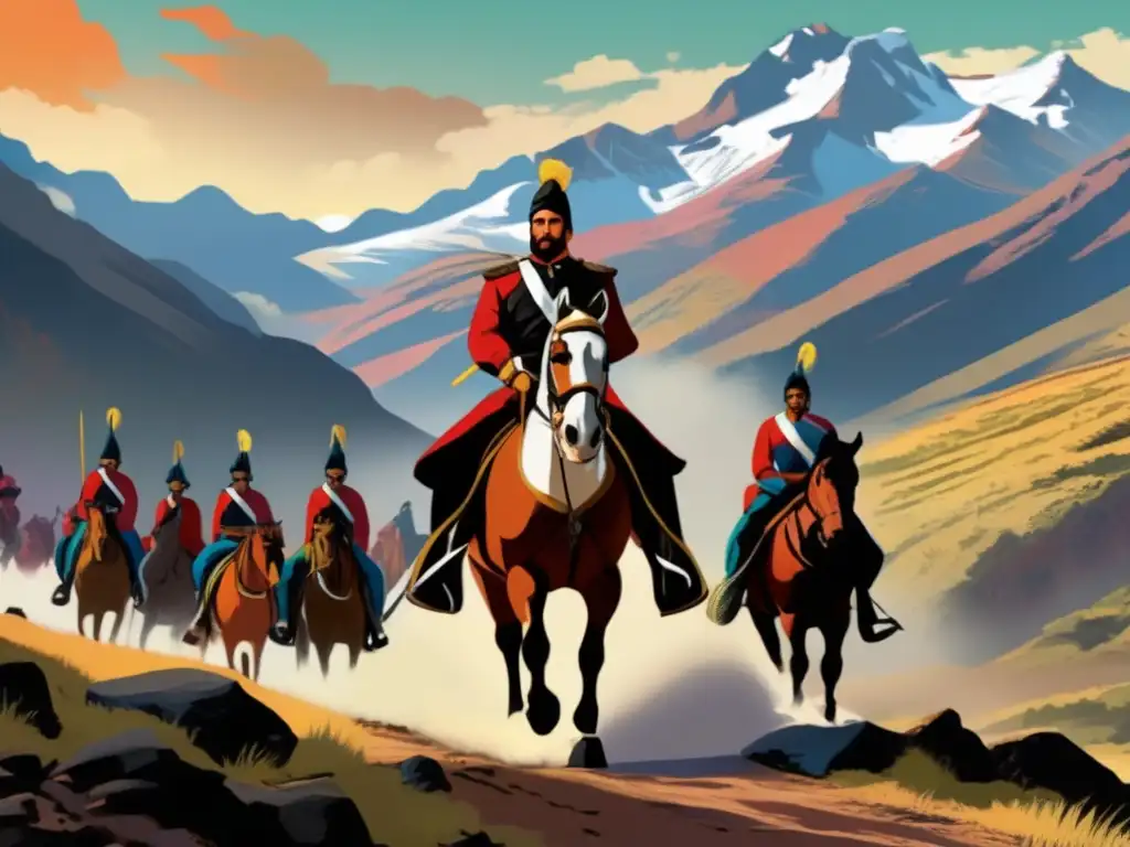 José de San Martín liderando a sus tropas por los Andes en una pintura digital detallada
