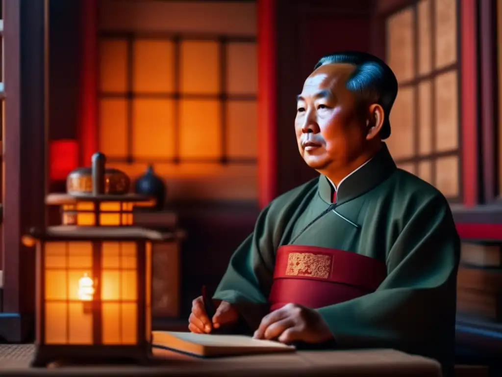 Mao TseTung reflexiona en su estudio chino, rodeado de antiguos pergaminos y libros, iluminado por una lámpara