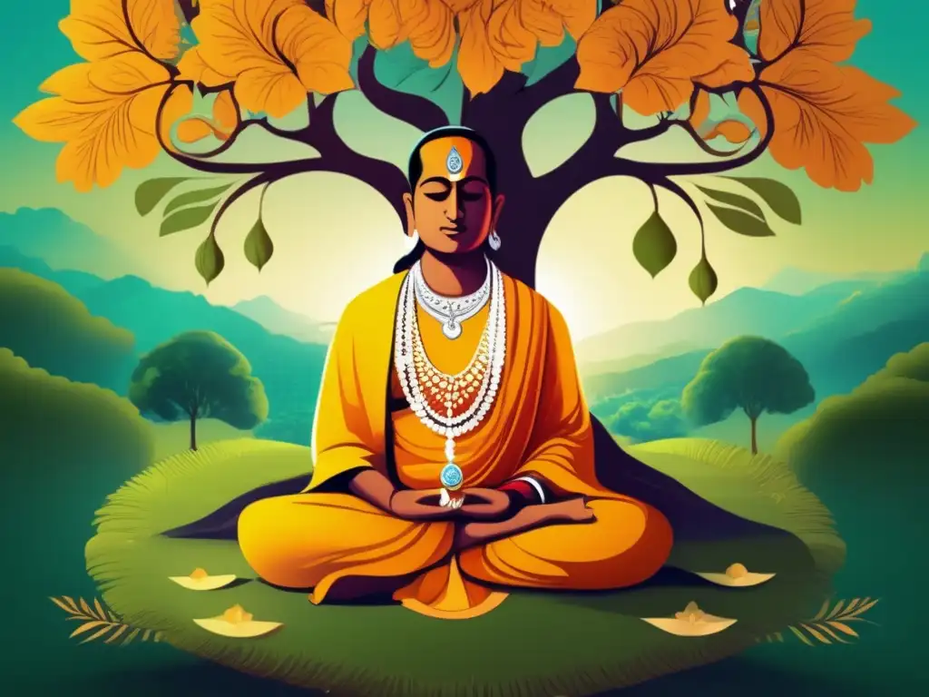 Profunda meditación de Tulsidas: Ilustración digital detallada y vibrante Tulsidas medita bajo un árbol, con el Ramcharitmanas abierto en su regazo
