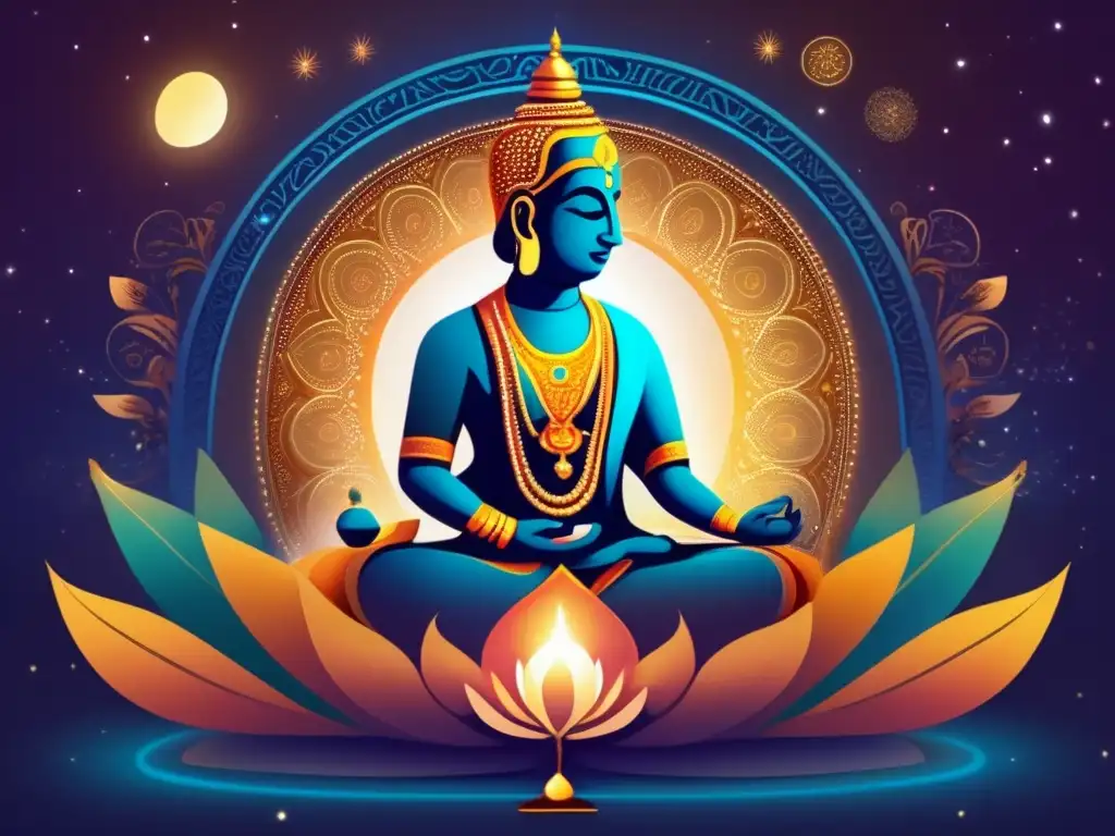 Tulsidas en meditación: inspiración divina y devoción intensa Tulsidas medita en una escena vibrante y celestial