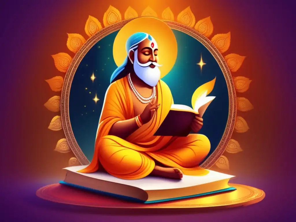 Tulsidas: Poeta devoto iluminado por la epopeya de Ramayana Tulsidas, con expresión serena rodeado de luz dorada, sostiene una pluma y pergamino