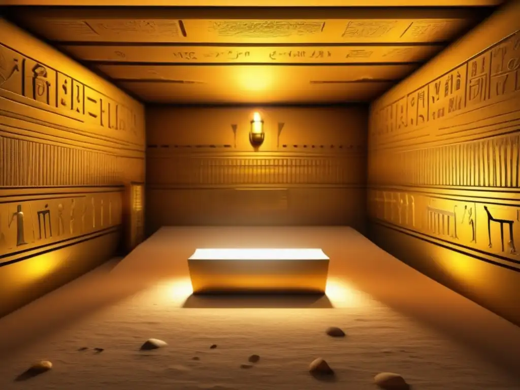 En la tumba misteriosa de Tutankamón, destellos dorados iluminan la cámara funeraria, revelando sus tesoros y jeroglíficos