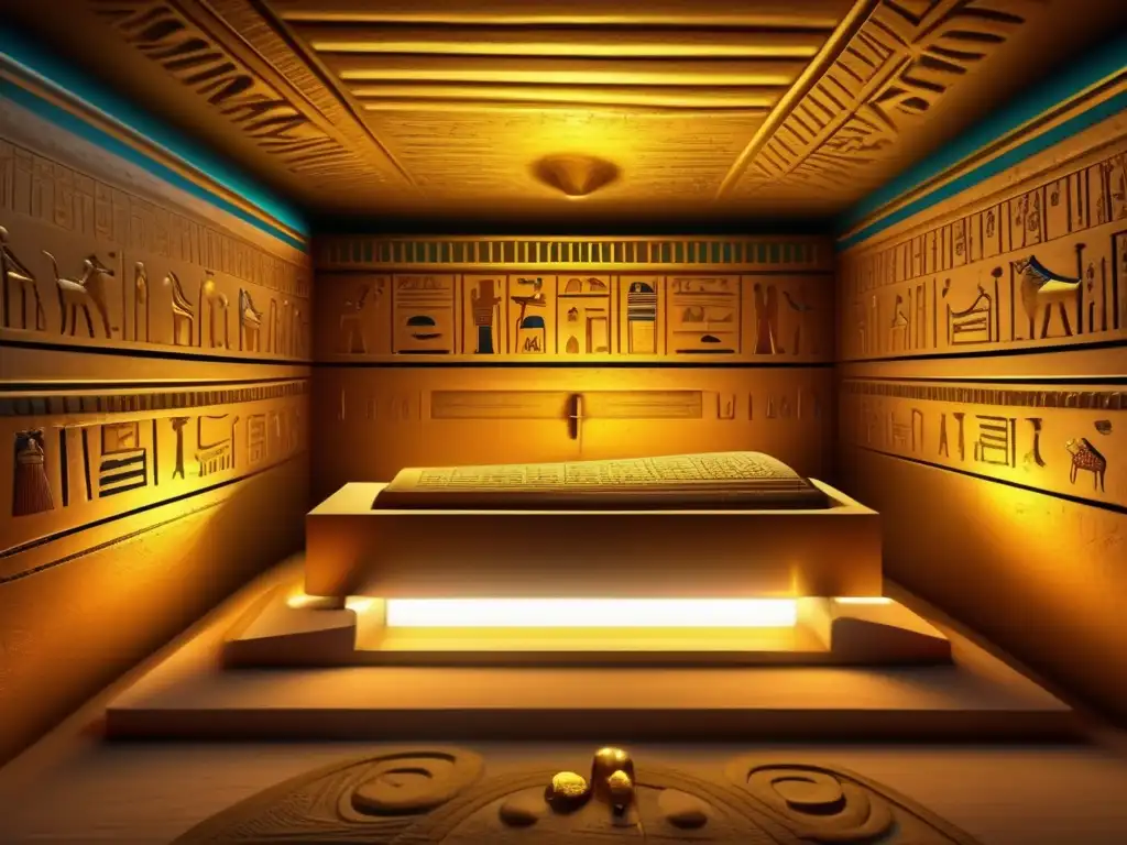 Explora la tumba misteriosa de Tutankamón, con sus jeroglíficos, artefactos y sarcófago dorado, iluminados en colores vibrantes y detallados