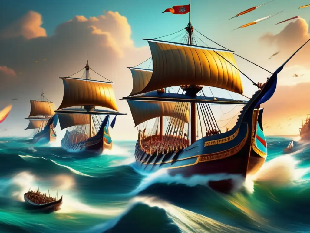 En el tumultuoso mar, antiguos barcos de guerra cartagineses libran intensos conflictos