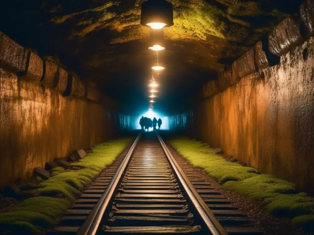 En un túnel oscuro del ferrocarril subterráneo, personas esclavizadas buscan la libertad bajo la luz titilante de una linterna