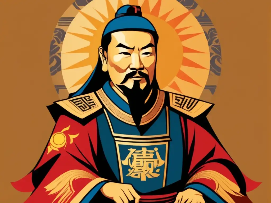 Sun Tzu en pose de mando rodeado de mapas de guerra y símbolos chinos