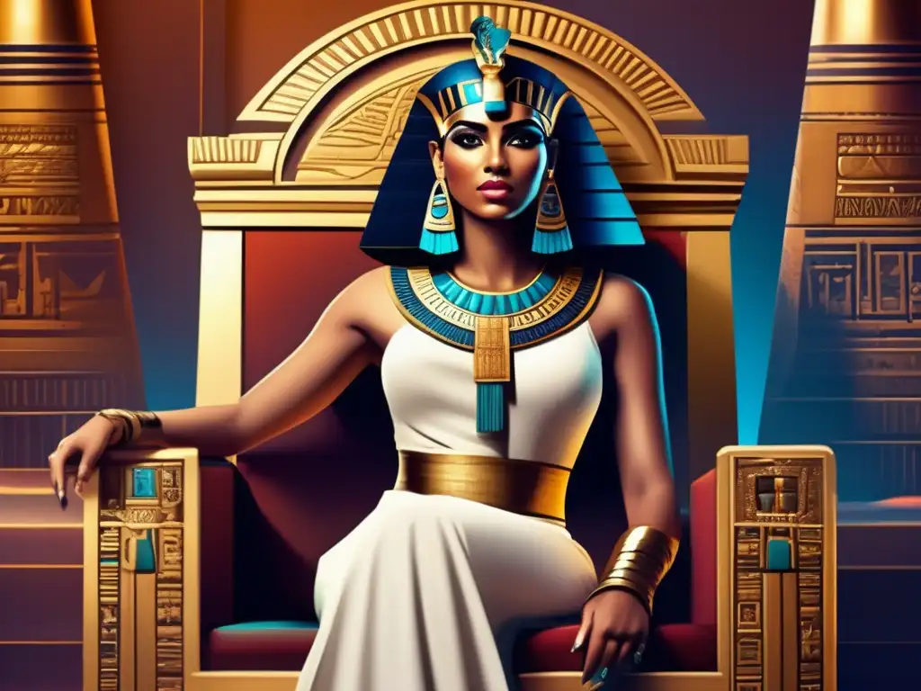 Cleopatra última faraona influencia histórica - Imagen digital moderna de Cleopatra en trono egipcio, exudando confianza regia y serenidad poderosa