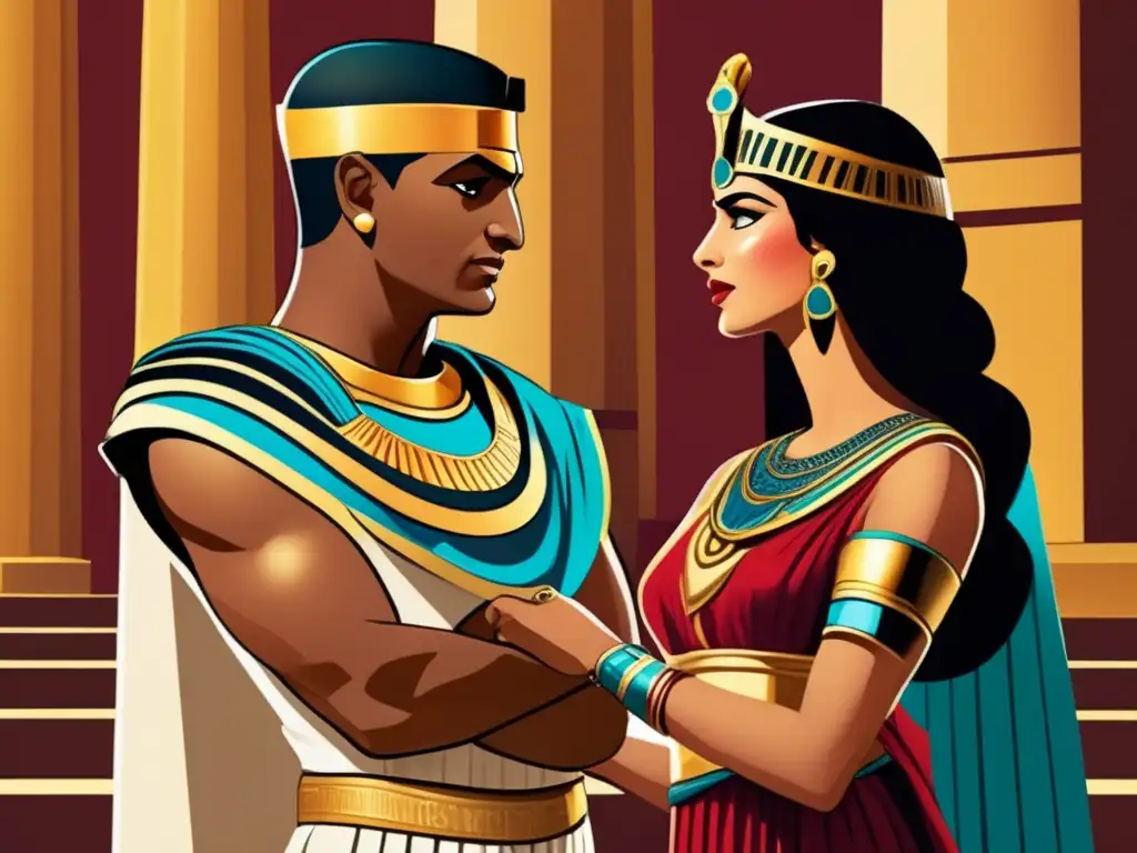 Cleopatra última faraona influencia histórica: Una ilustración digital ultradetallada y moderna que retrata el encuentro entre Cleopatra y Julio César, con expresiones faciales vívidas, vestimenta y arquitectura históricamente precisas, y colores vibrantes que transportan al espectador a la escena