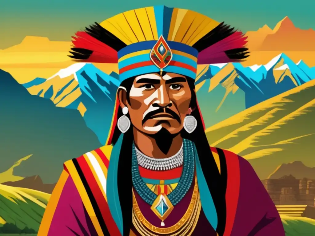 Atahualpa, último emperador Inca, de pie con majestuosos Andes al fondo