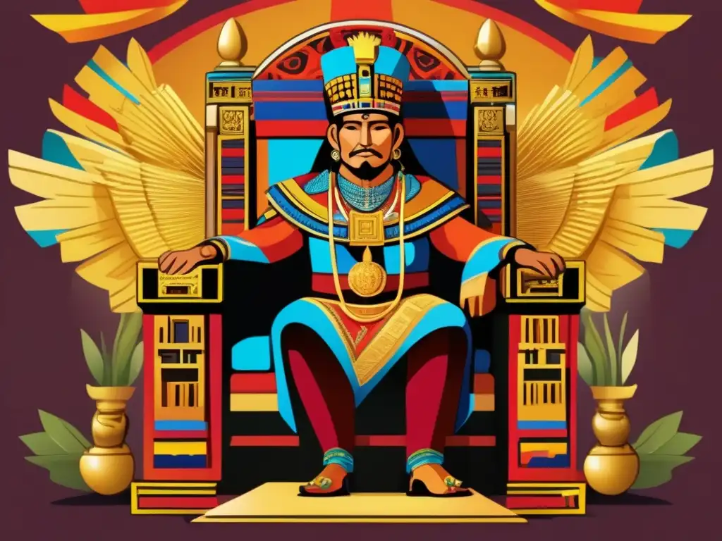Atahualpa último emperador Inca se sienta en su trono, rodeado de símbolos y vestido con atuendo tradicional