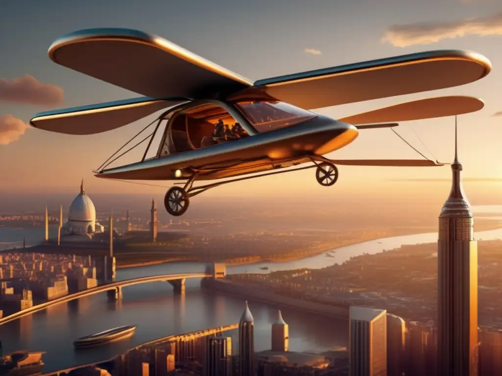Una representación ultrarrealista del innovador diseño de la máquina voladora de Leonardo da Vinci, en contraste con una ciudad futurista al atardecer