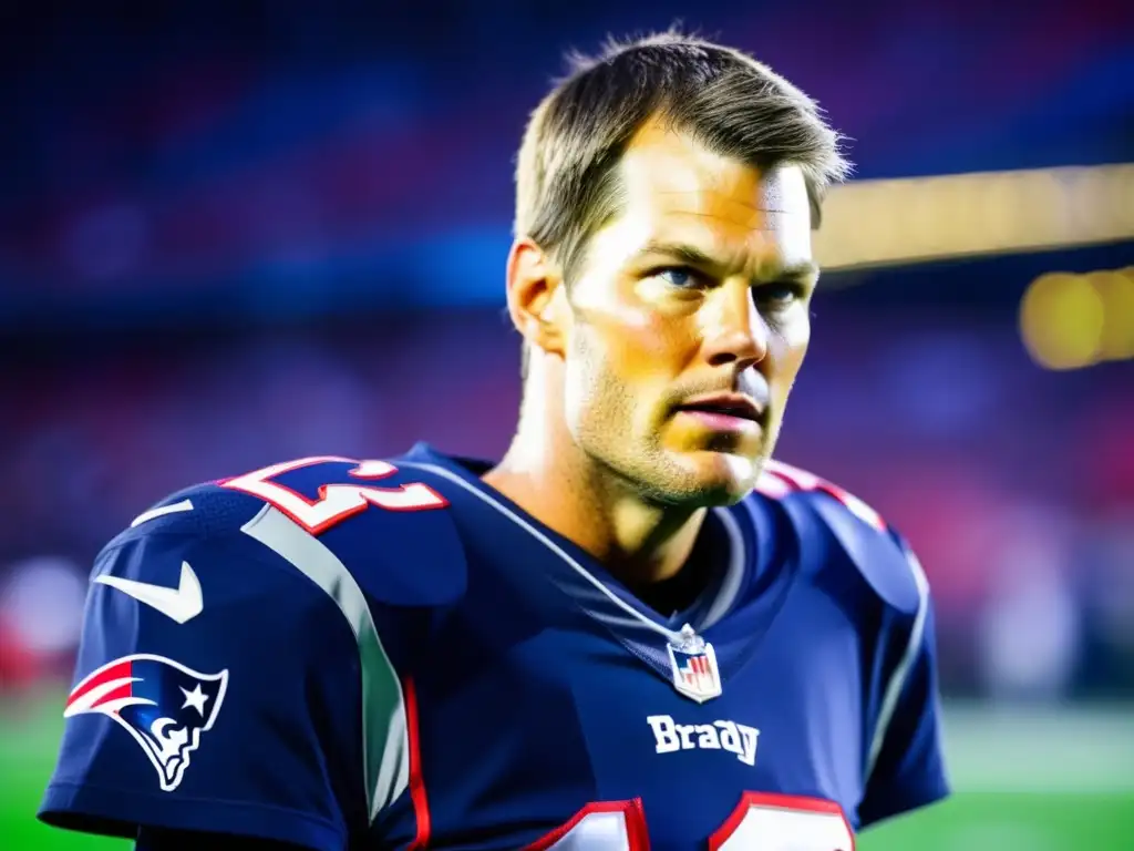 Tom Brady en uniforme de fútbol, expresión concentrada en el campo de juego - Historia de Tom Brady en la NFL