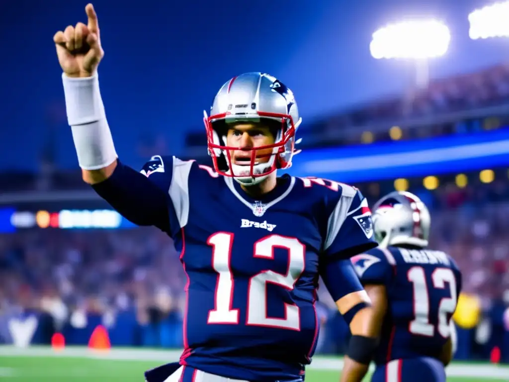 Tom Brady en su uniforme de fútbol americano, celebrando un touchdown en la NFL