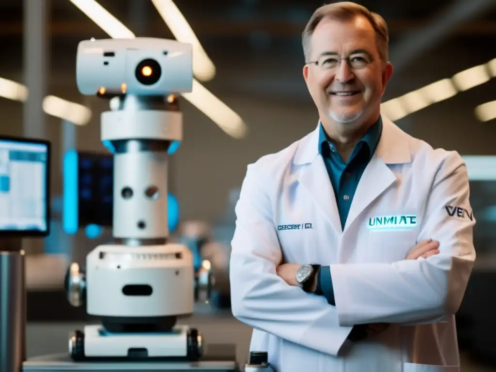 Unimate: primera robot industrial George Devol junto a su inventor, en un escenario tecnológicamente avanzado