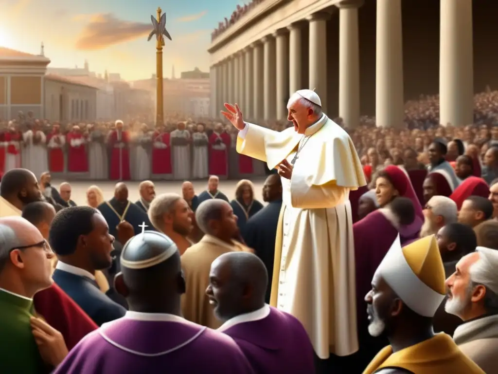 El discurso impactante del Papa Urban II: una obra digital que cautiva El Papa Urbano II ejerce su influencia en una multitud ferviente durante su discurso