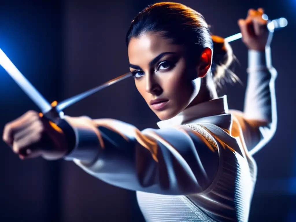 Valentina Vezzali épica: closeup dinámico de la esgrimista en acción, destacando su determinación y destreza con la espada