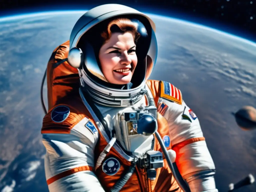 Valentina Tereshkova, pionera exploración espacial mujeres, flotando en el espacio con la Tierra de fondo