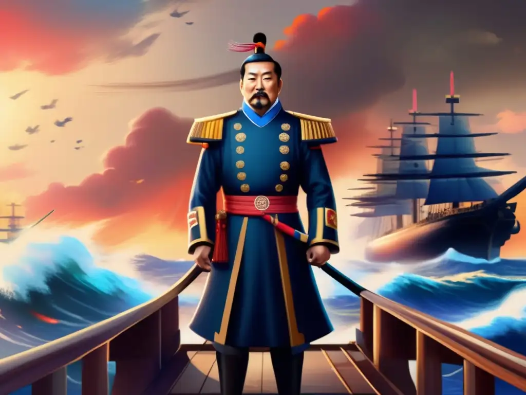 Héroe naval: Almirante Yi Sunsin en batalla con detalle impactante El valeroso Admiral Yi Sunsin en su navío, en medio de una feroz batalla naval