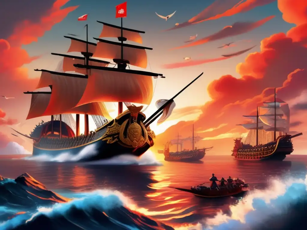 Majestuoso retrato digital del Almirante Yi Sunsin y su armada al atardecer El valiente Almirante Yi Sunsin lidera una impresionante flota de barcos de guerra coreanos al atardecer, demostrando su estrategia e innovación naval