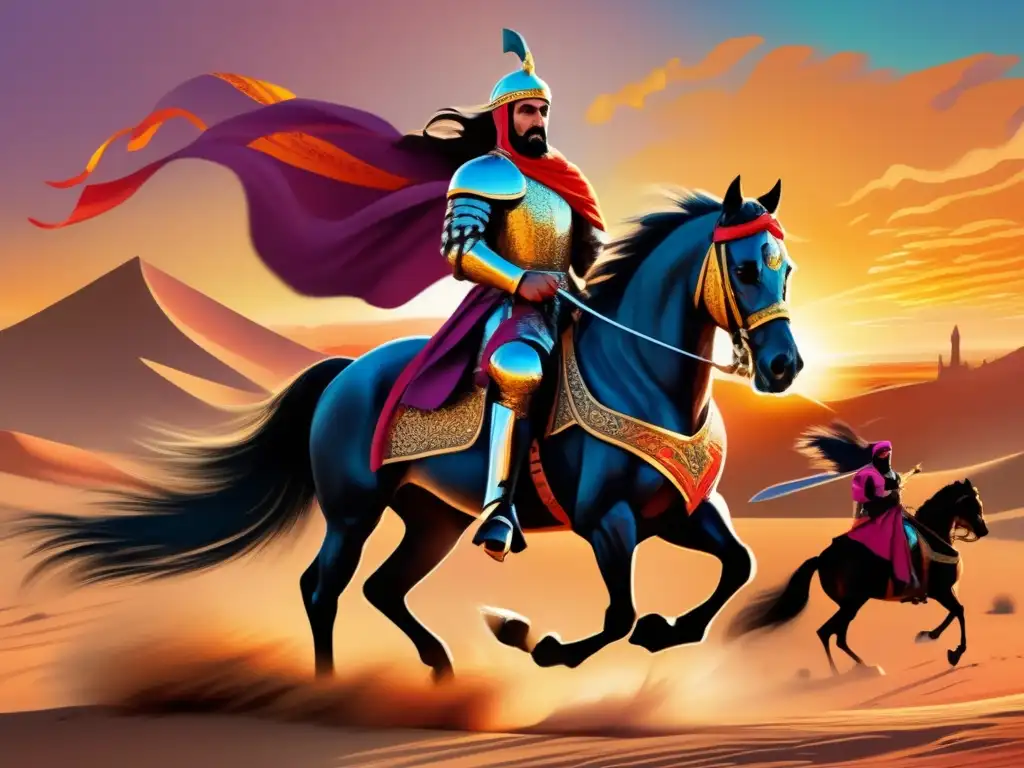 El valiente Sultan Baybars, montado en su majestuoso caballo árabe, lidera a sus tropas en batalla al atardecer en el desierto