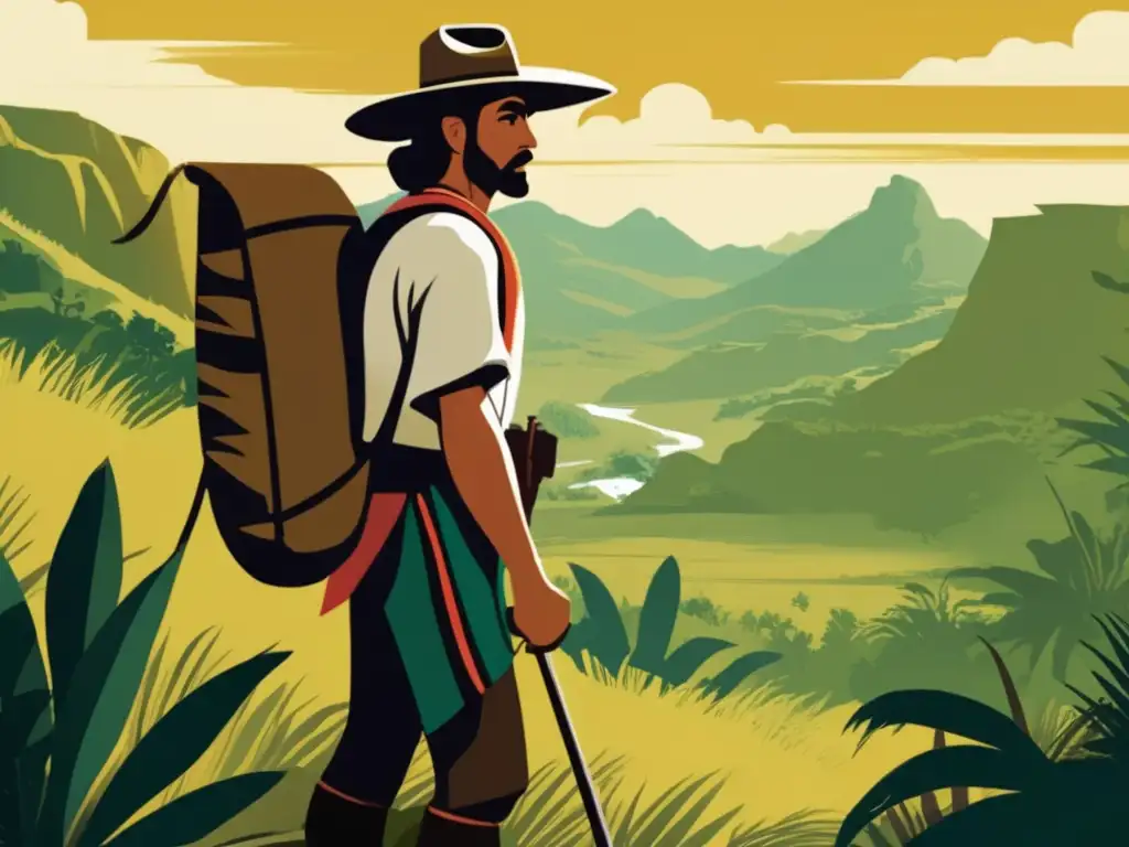 Un valiente explorador, Álvar Núñez Cabeza de Vaca, navega por la naturaleza salvaje del Nuevo Mundo, interactuando con los nativos