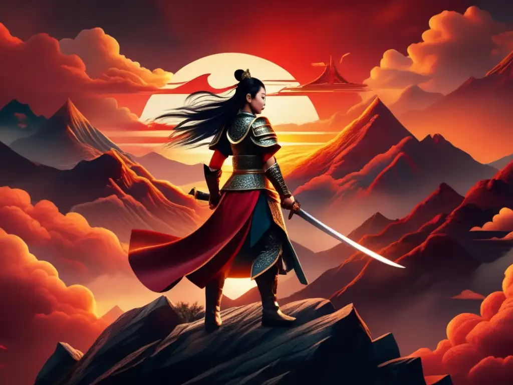 Guerrera china: Princesa Pingyang en 8k Una valiente guerrera china, La Princesa Pingyang Heroína Militar, en armadura tradicional, firme en la cima de una montaña al atardecer