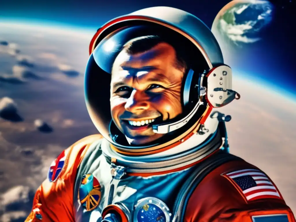 Yuri Gagarin: Primer vuelo espacial humano El valiente Yuri Gagarin se prepara para su histórico viaje espacial a bordo de la Vostok 1, con la Tierra como telón de fondo