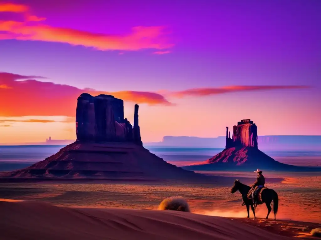 Un vaquero solitario cabalga al atardecer en Monument Valley, capturando el mito americano y la construcción de John Ford