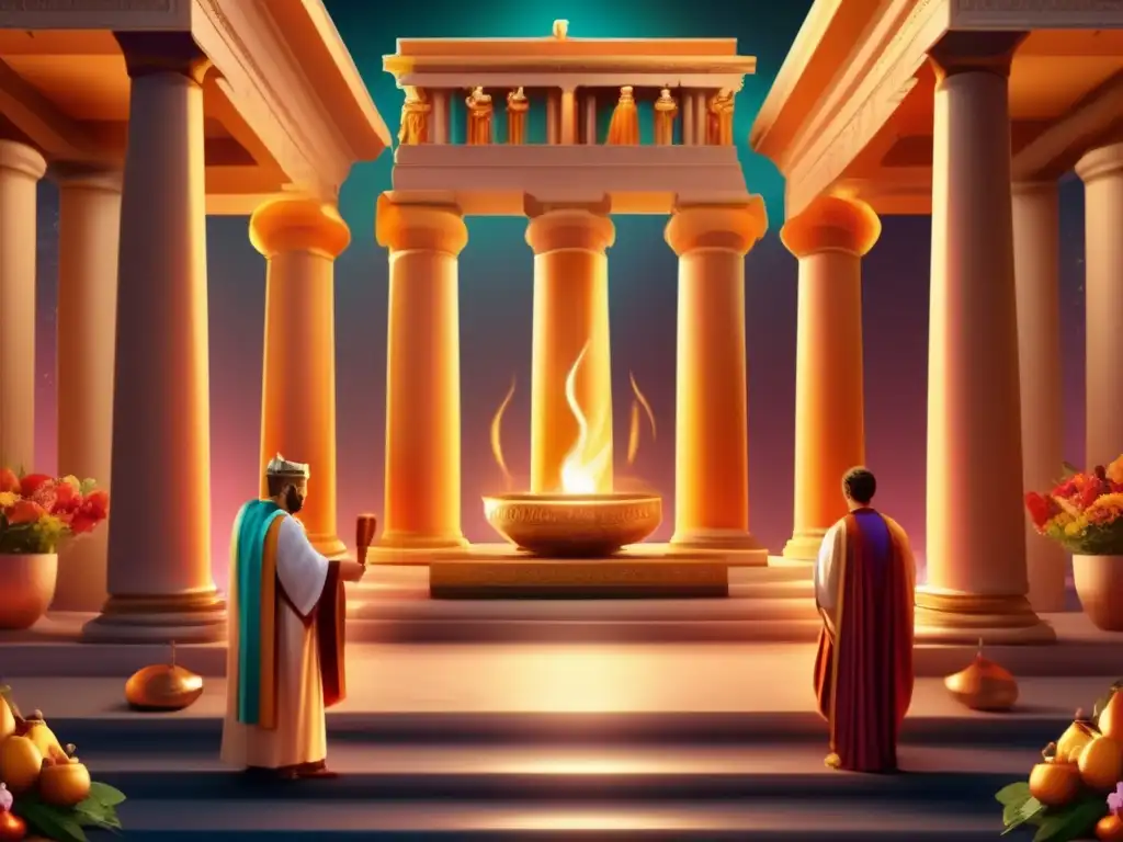 Visión de Varro en rituales romanos: interior detallado de templo romano con sacerdotes, estatuas de dioses y antorchas brillantes