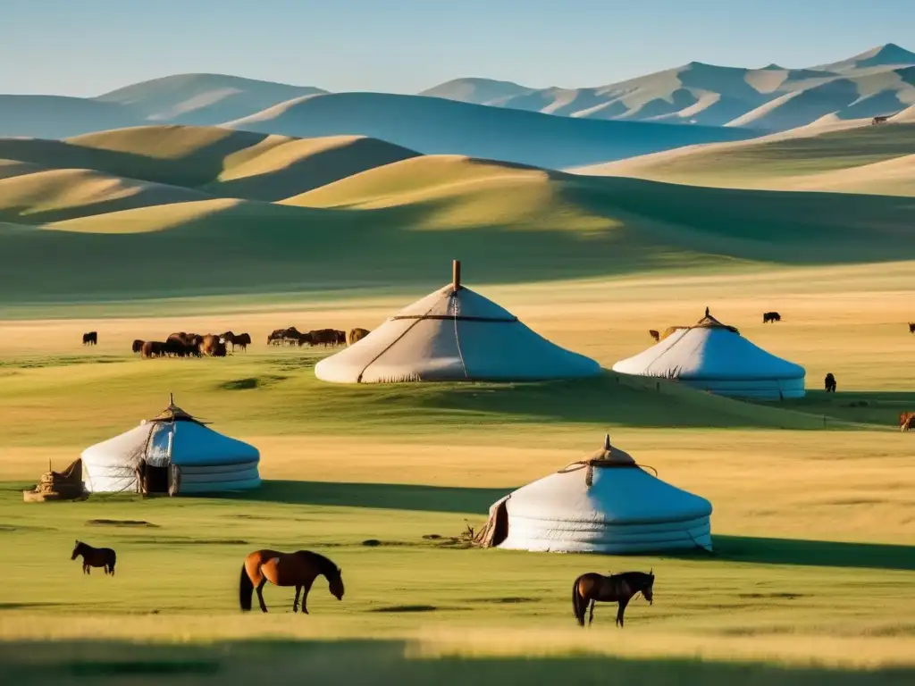Un vasto paisaje de la estepa mongol bajo un cielo azul claro