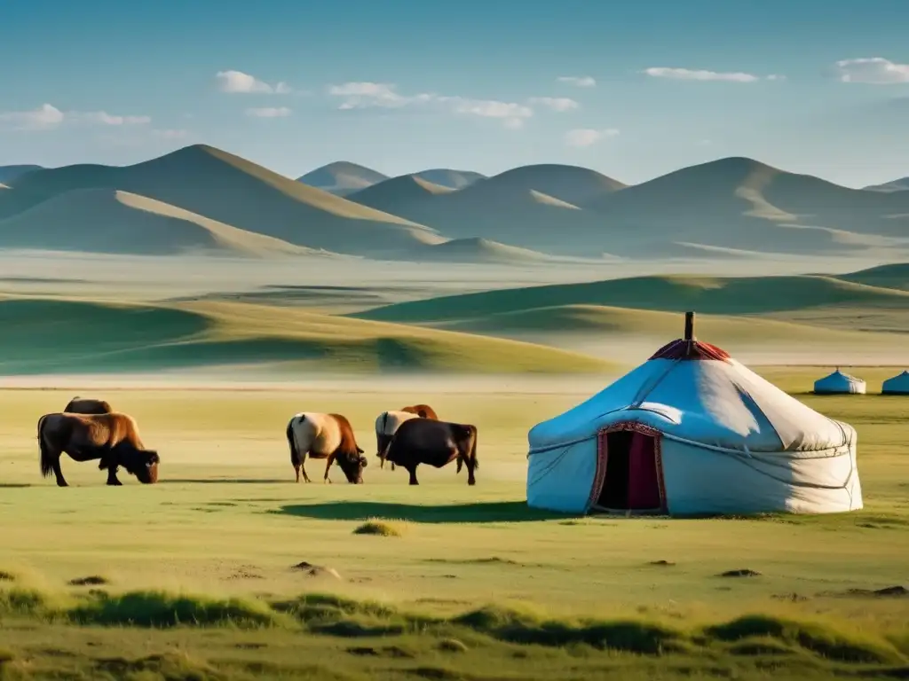 Un vasto paisaje de las estepas de Mongolia, con yurtas nómadas y ganado pastando bajo un cielo azul claro