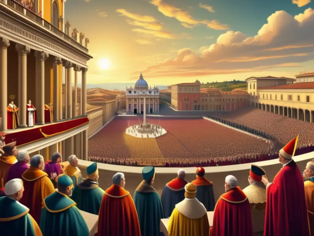 Desde el balcón del Vaticano, el Papa Inocencio III irradia poder político y espiritual en una detallada ilustración digital de la Iglesia Medieval