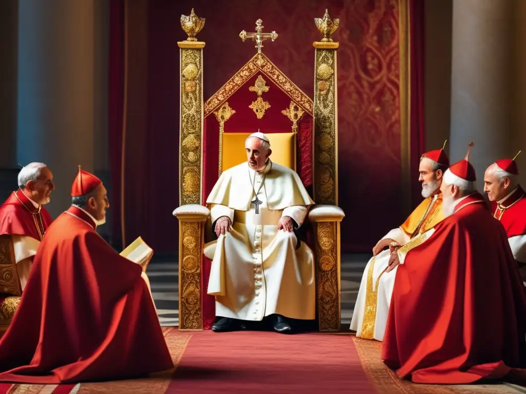 En el Vaticano, el Papa Clemente VII preside rodeado de cardenales en una escena renacentista de opulencia y solemnidad