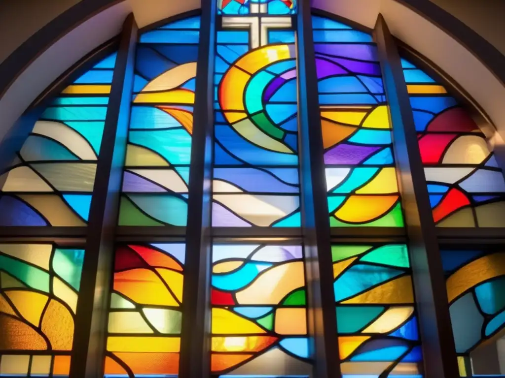 Una ventana de vidrio colorido irradia esperanza y renovación en la Iglesia Católica, iluminada por el sol con un arcoíris de colores