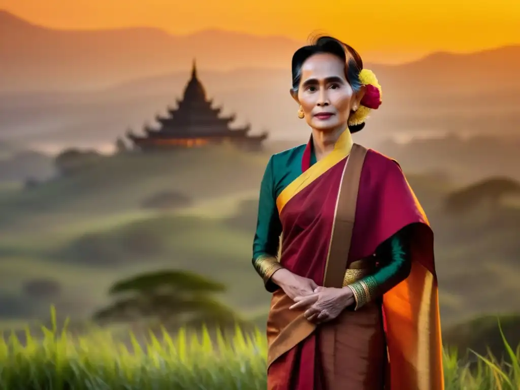 Aung San Suu Kyi, vestida con traje tradicional birmano, en un atardecer vibrante sobre las colinas de Myanmar