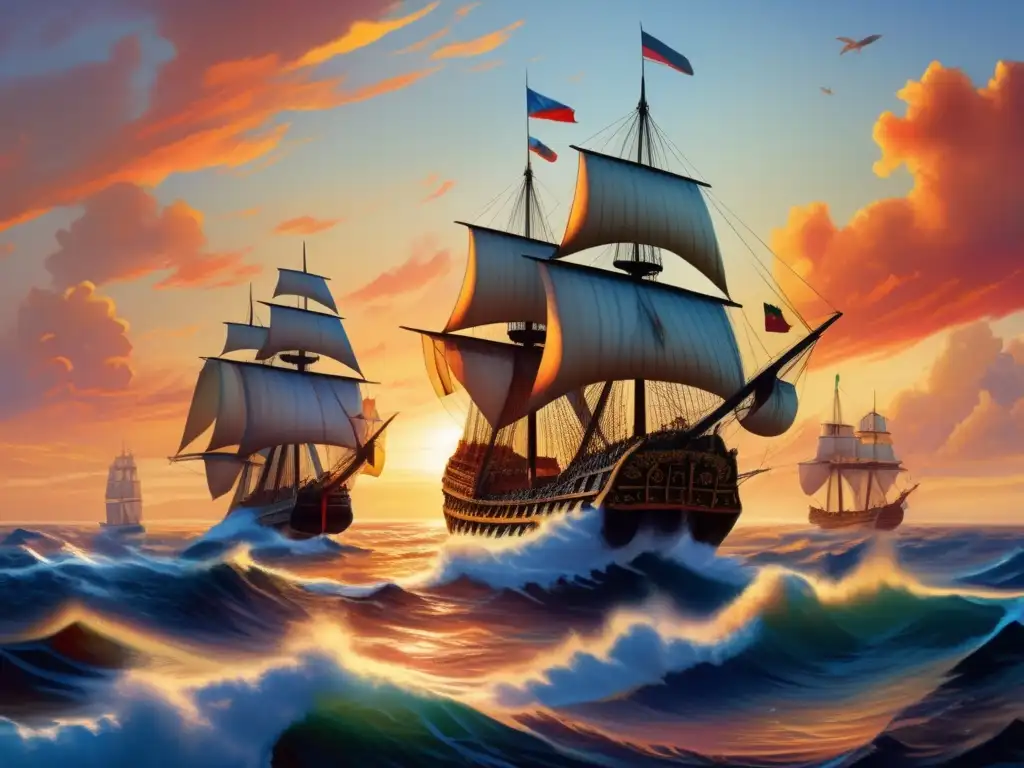 Un viaje épico: la flota de Vasco da Gama conectando continentes, surcando el vasto océano al atardecer en una escena de aventura y exploración